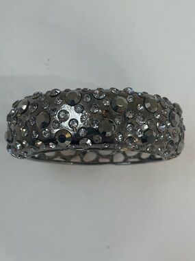 Chunky Silver Tone Rhinestone Beaded Bangle Bracelet